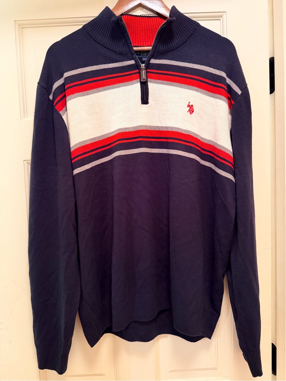U.S. Polo Assn. Navy Half-Zip Sweater with Red & White Stripes